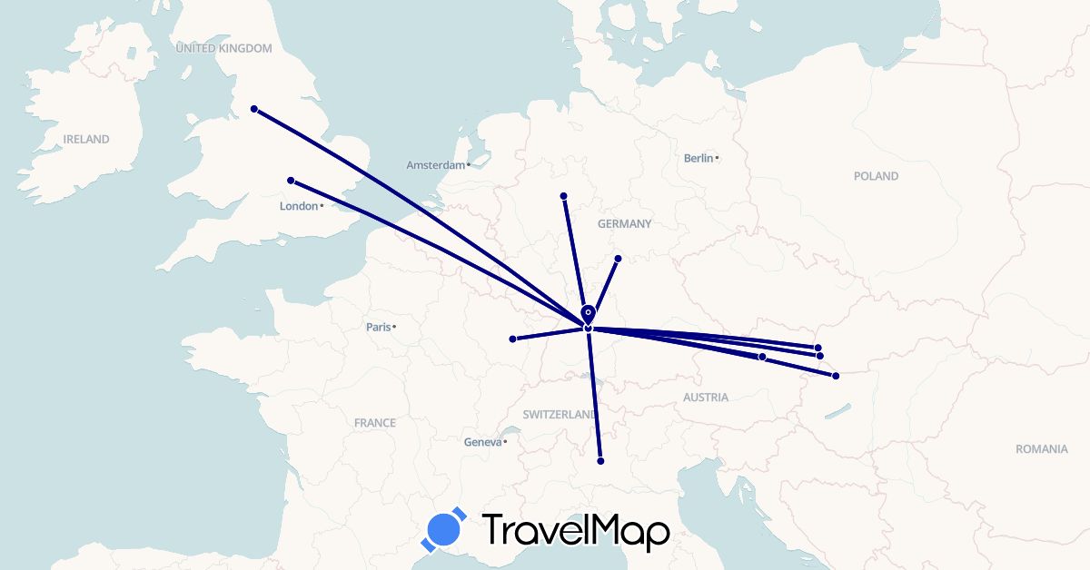 TravelMap itinerary: driving in Austria, Germany, France, United Kingdom, Hungary, Italy, Slovakia (Europe)